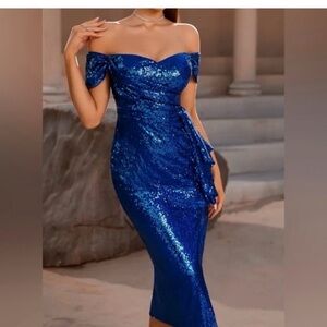 Elegant Blue Off-Shoulder Sequin Dress